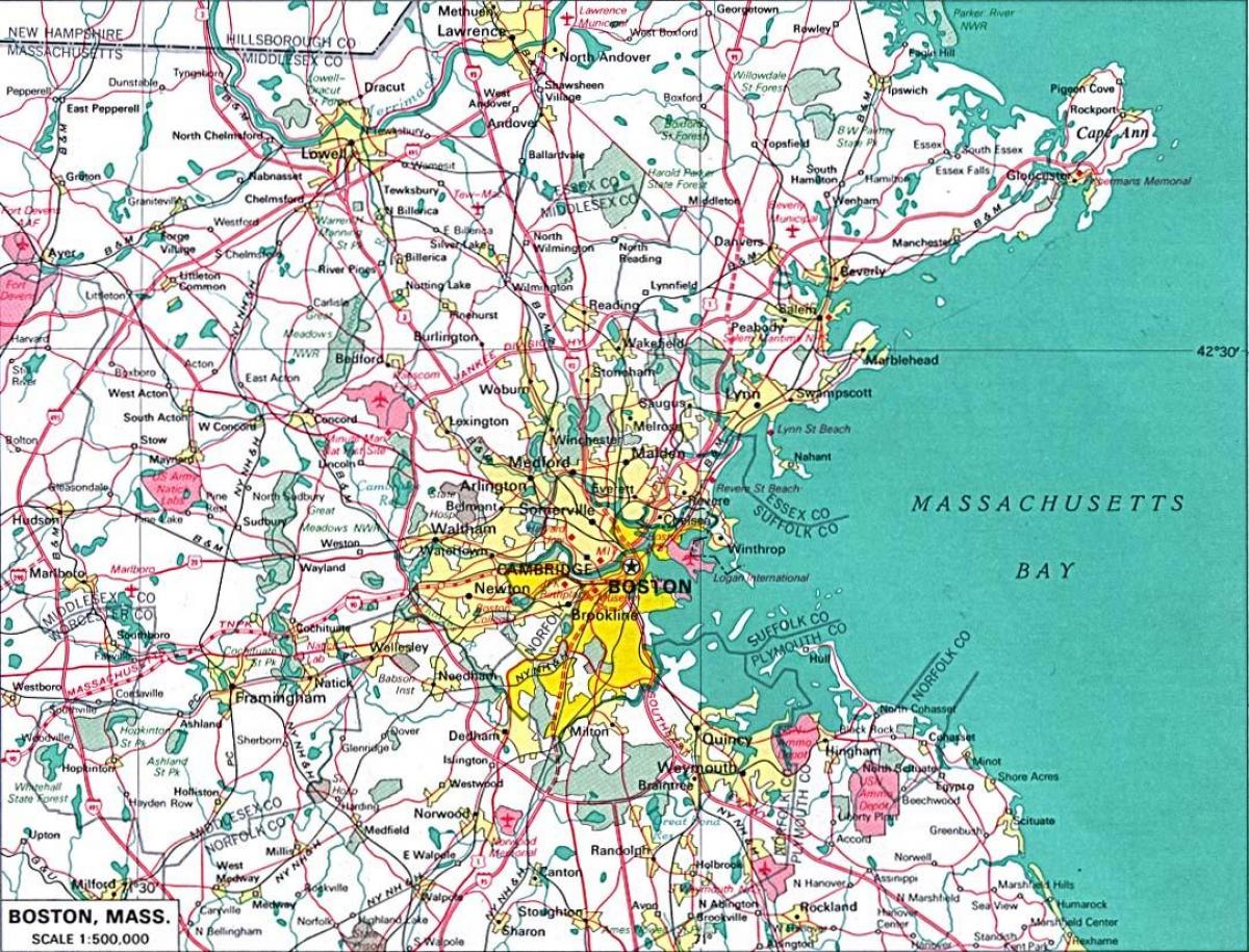 karte lielāku Boston jomā