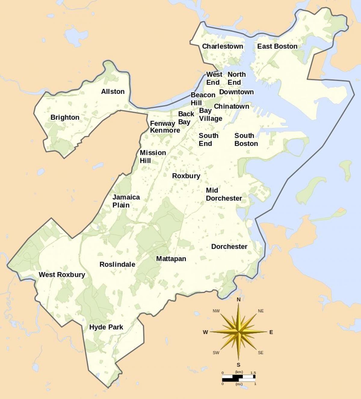 karte Bostonas un apkārtnes